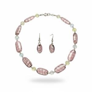 Vintage Pink Art Glass Bead Necklace & Earrings Set | Chunky Lampwork Style